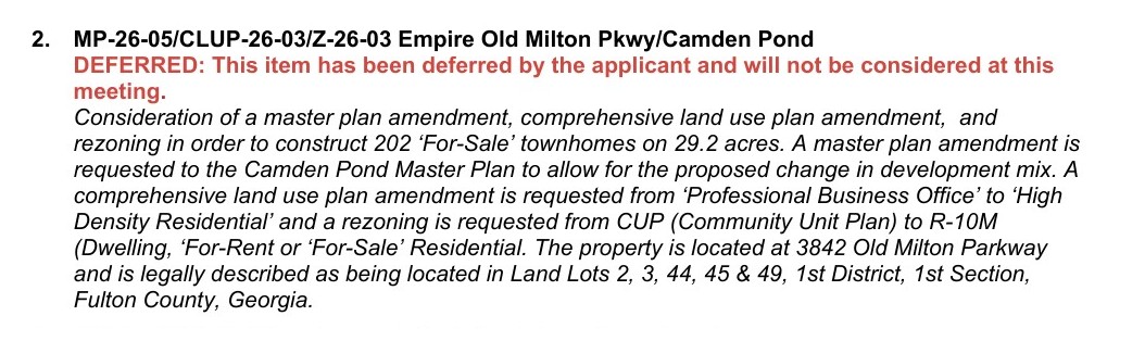 Excerpt from Alpharetta's June 22, 2026 City Council agenda showing case MP-26-05/CLUP-26-03/Z-26-03 Empire Old Milton Pkwy/Camden Pond marked DEFERRED, describing 202 for-sale townhomes on 29.2 acres.