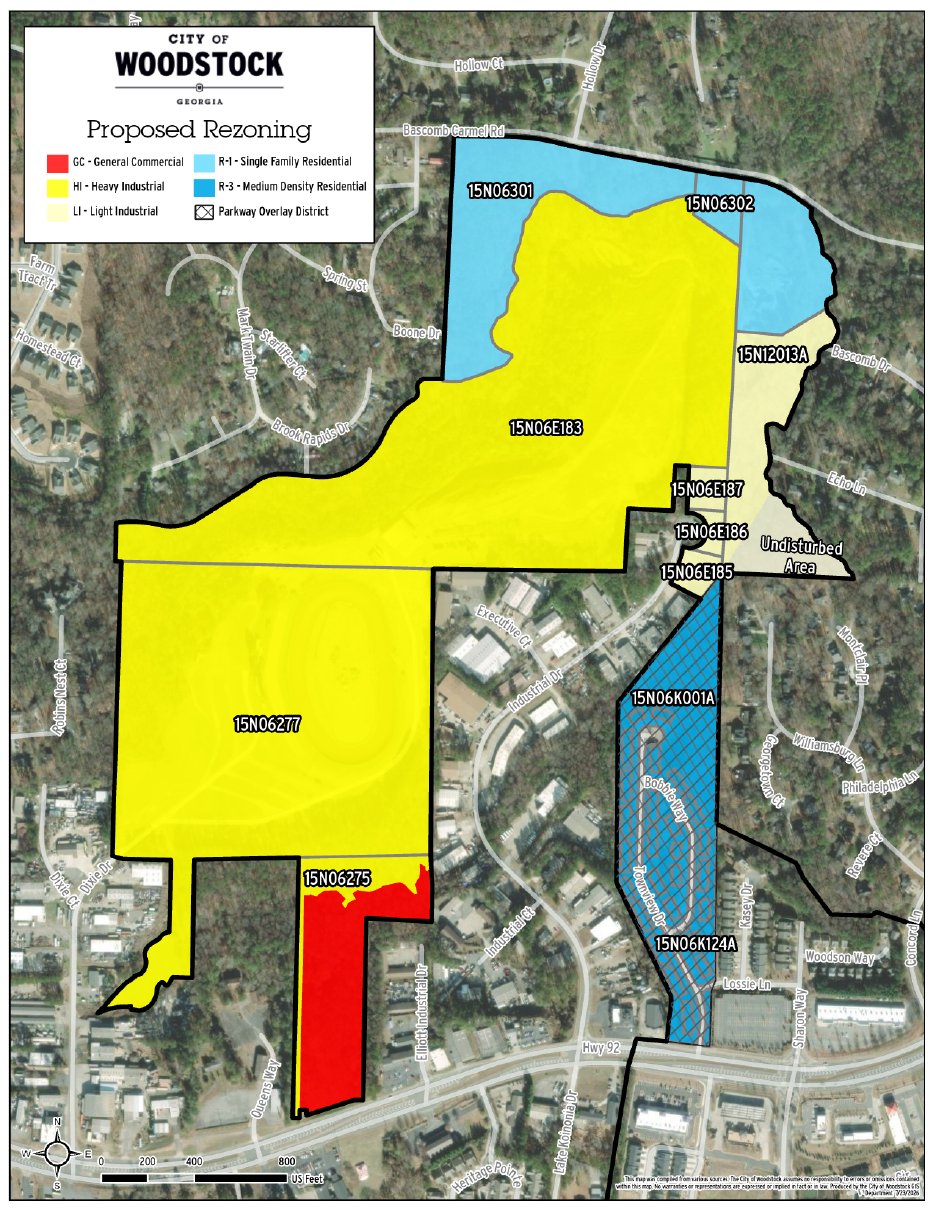 City of Woodstock proposed rezoning map showing Heavy Industrial across the Dixie Speedway tract.