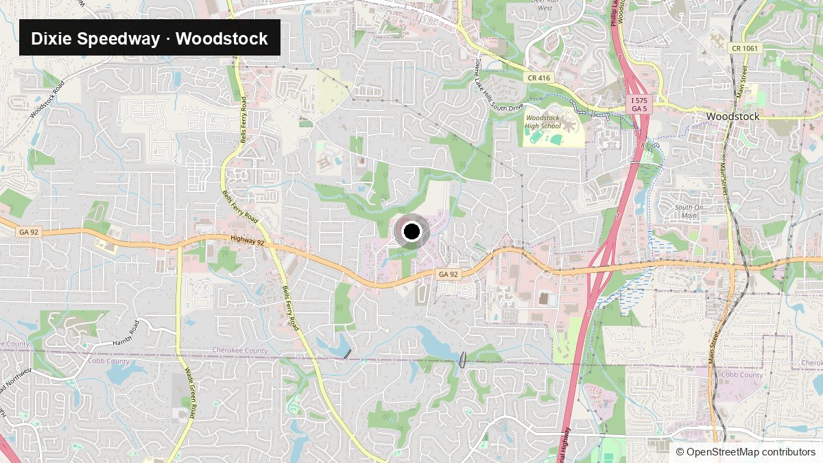 Location map showing Dixie Speedway on Highway 92 in Woodstock, west of Interstate 575, near Bells Ferry Road.