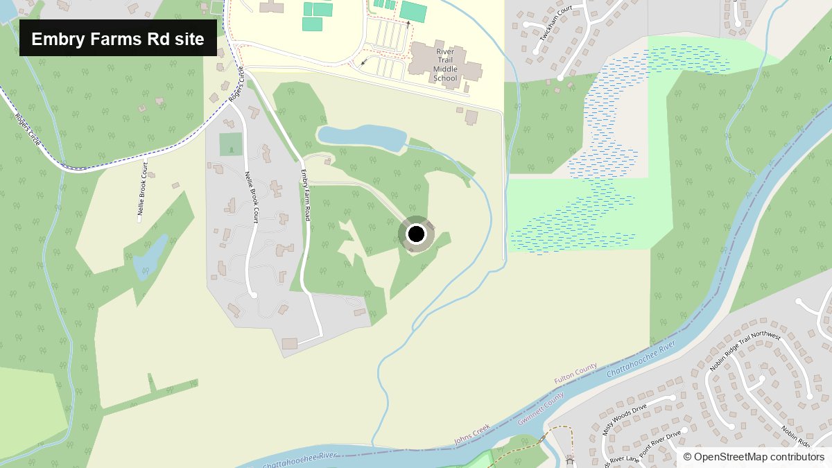 Closer map view of the Embry Farms Road site in Johns Creek showing surrounding streets.