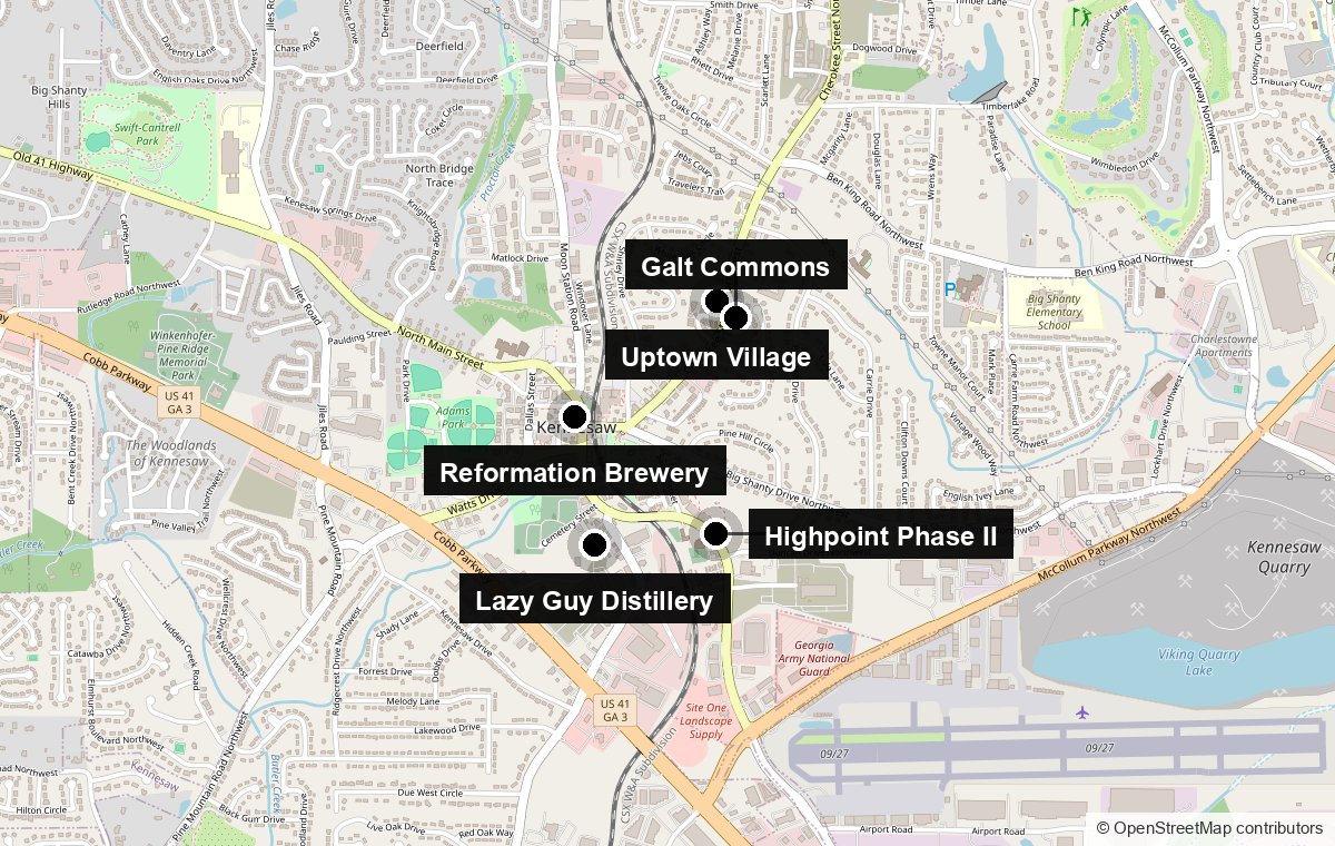 Map of downtown Kennesaw showing five development sites: Reformation Brewery, Uptown Village, Galt Commons, Lazy Guy Distillery and Highpoint Phase II.