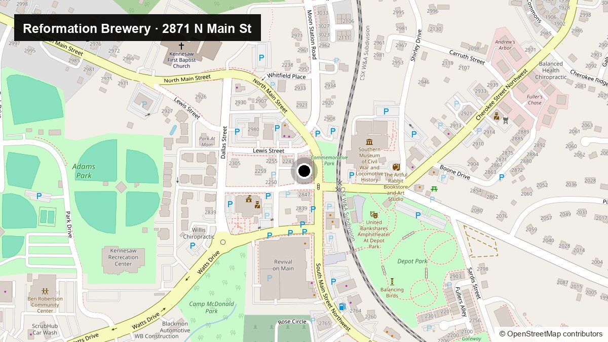 Detail map of the Reformation Brewery site at 2871 North Main Street, beside the Southern Museum of Civil War and Locomotive History and Depot Park.