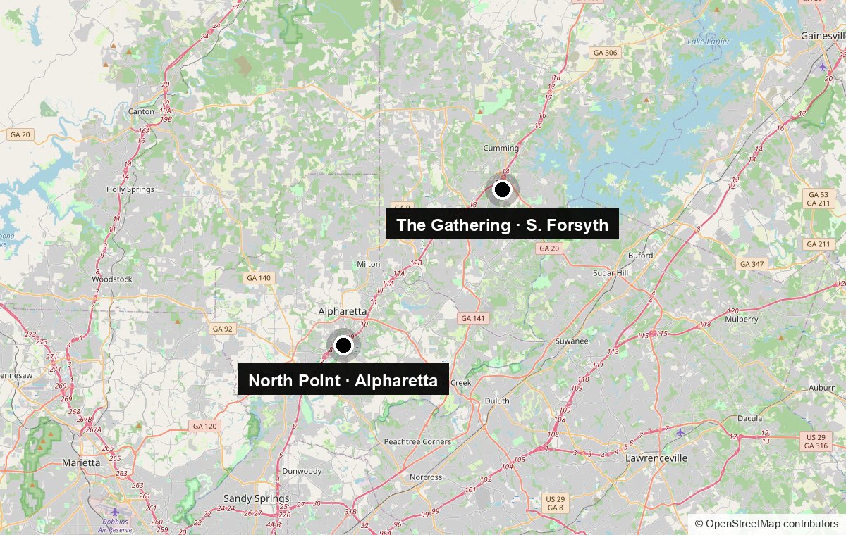 Map of the GA 400 corridor showing North Point in Alpharetta and The Gathering in South Forsyth, roughly ten miles apart.