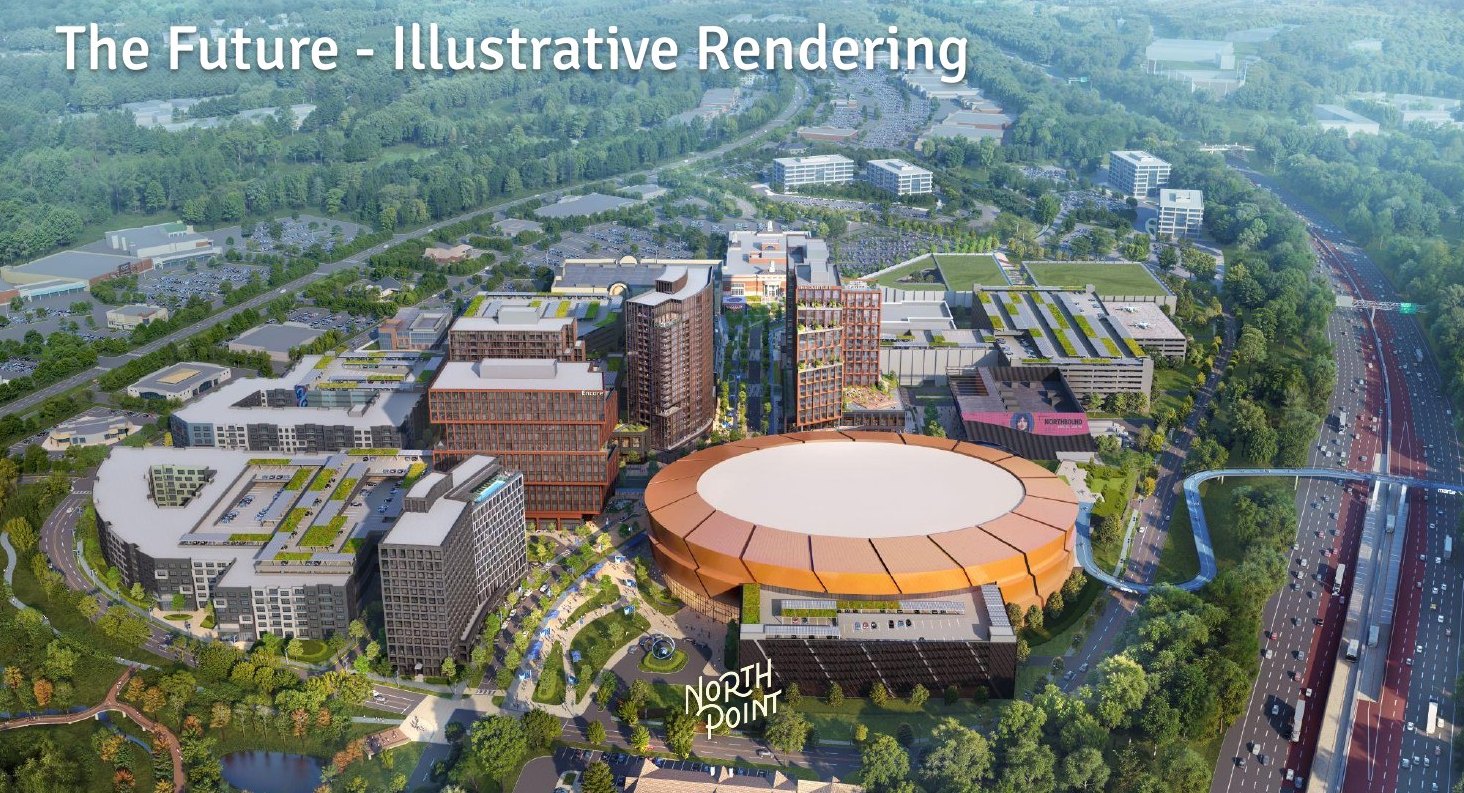 Aerial illustrative rendering of the proposed North Point arena district alongside GA 400.