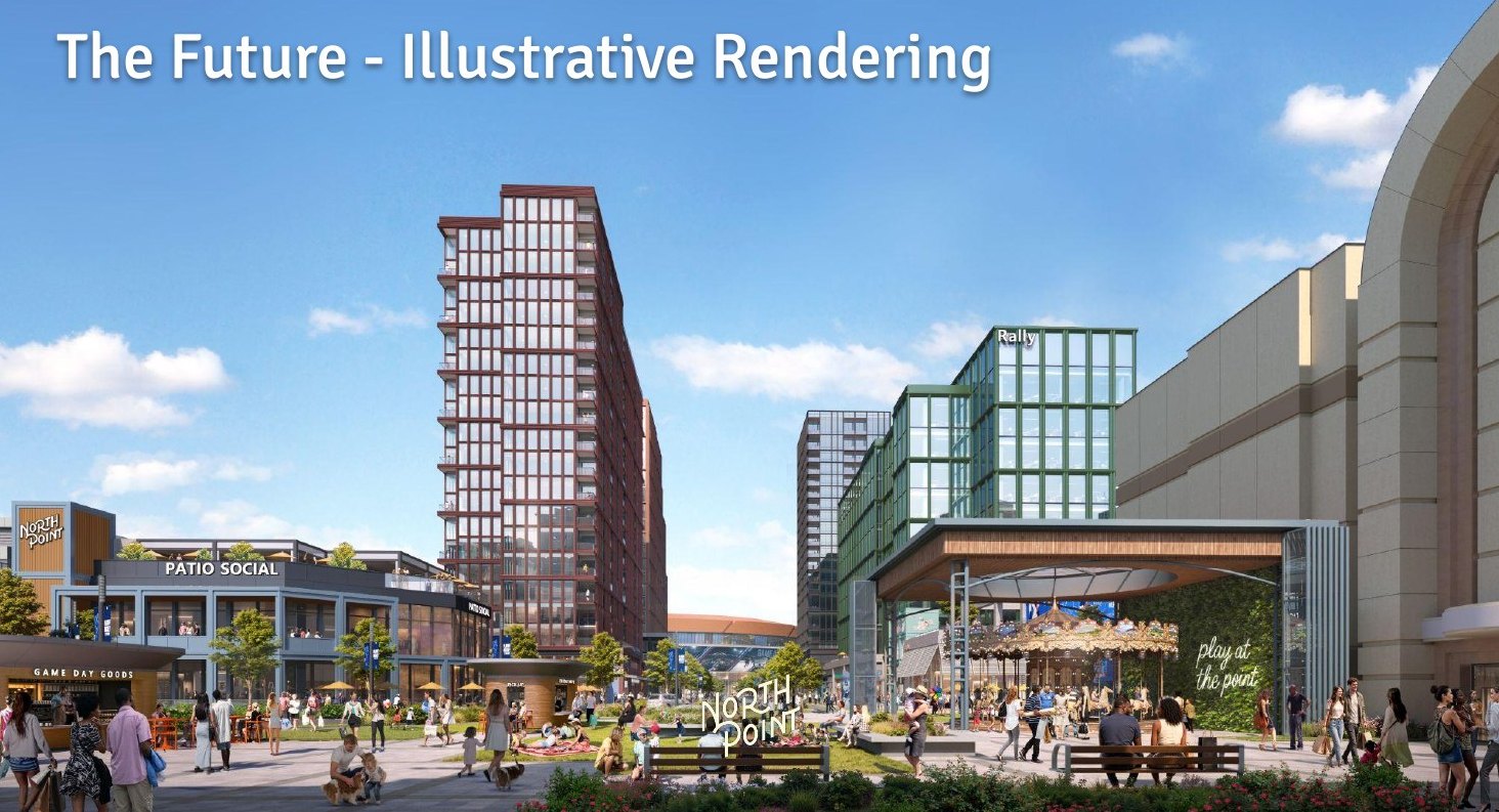 Illustrative rendering of the North Point ICEPLEX and public plaza, with the arena visible beyond and existing mall structures retained at right.