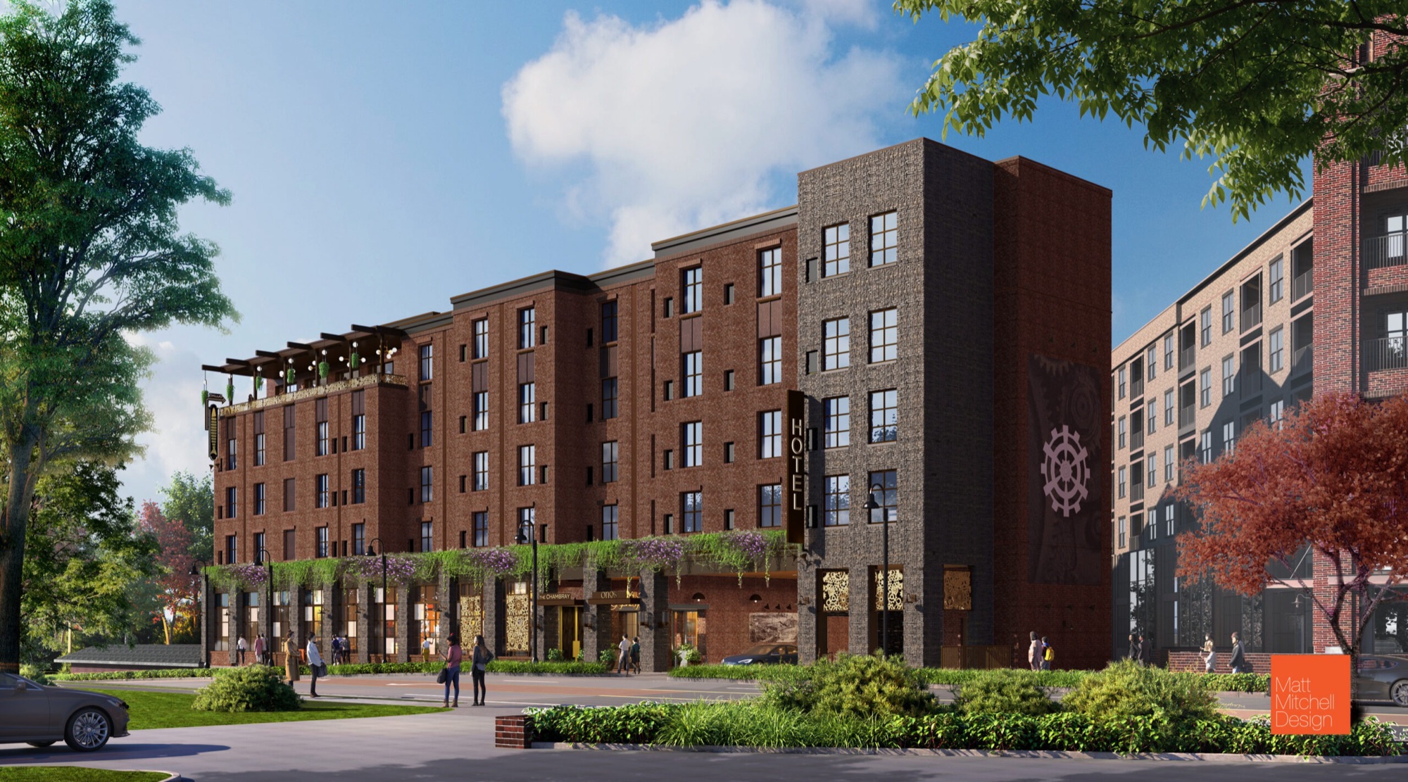 Exterior rendering of The Chambray, a five-story brick hotel on Alpharetta Street in Roswell's historic district.