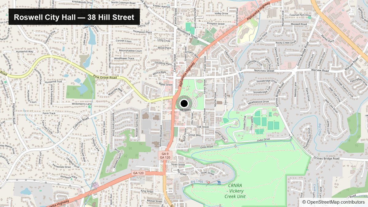Map showing Roswell City Hall at 38 Hill Street, just off Alpharetta Highway in downtown Roswell.