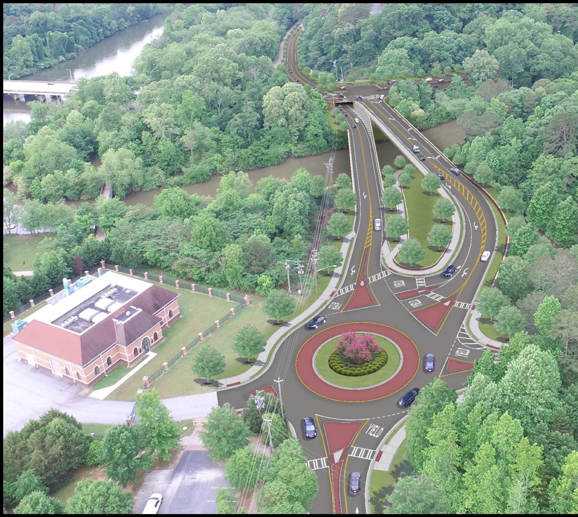 Concept rendering of the Historic Gateway corridor on Riverside Road, showing a four-lane divided road with landscaped median and crosswalks.