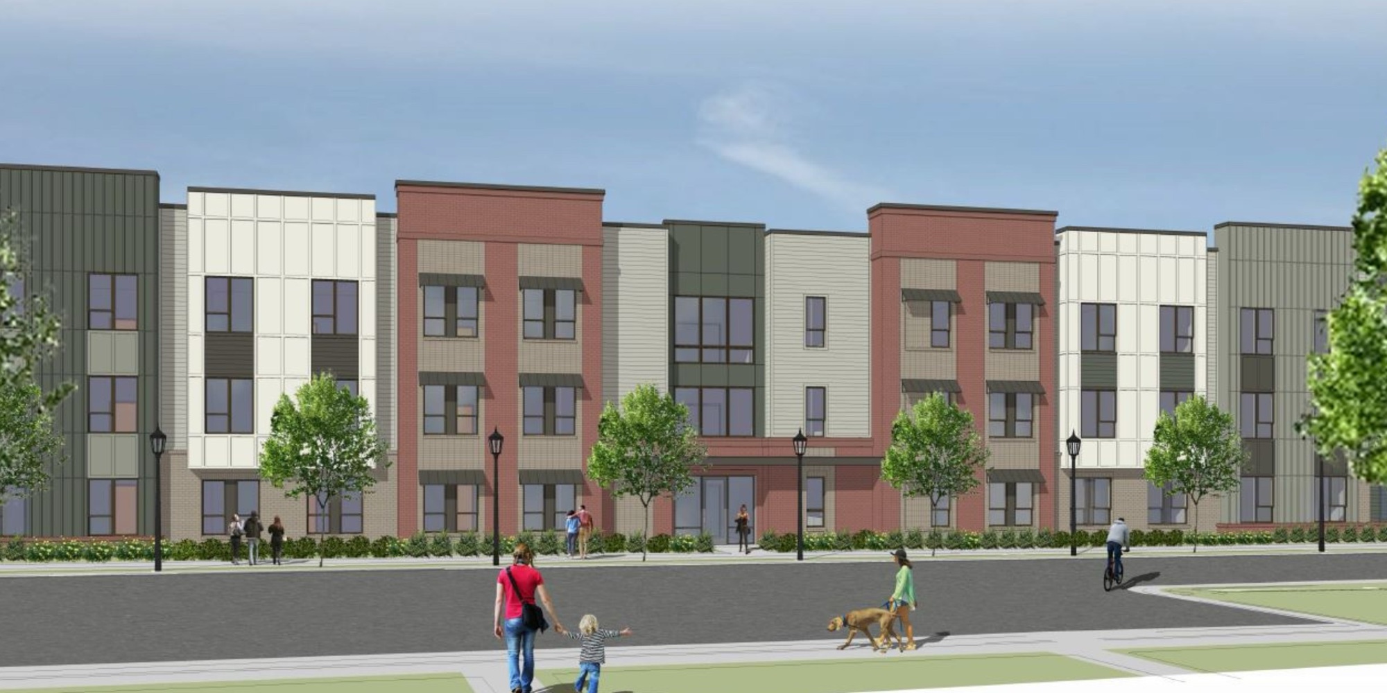 Rendering of the Grove Way apartment buildings, three-story residential blocks with pitched roofs and landscaped grounds.